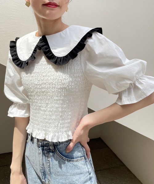 one after another NICE CLAUP(ワンアフターアナザーナイスクラップ)の「【Web限定】丸衿シャーリングブラウス(Tシャツ/カットソー・レディース・ブラック/オフホワイト/ブラック系その他・FREE)」の17枚目の写真