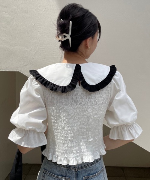one after another NICE CLAUP(ワンアフターアナザーナイスクラップ)の「【Web限定】丸衿シャーリングブラウス(Tシャツ/カットソー・レディース・ブラック/オフホワイト/ブラック系その他・FREE)」の5枚目の写真
