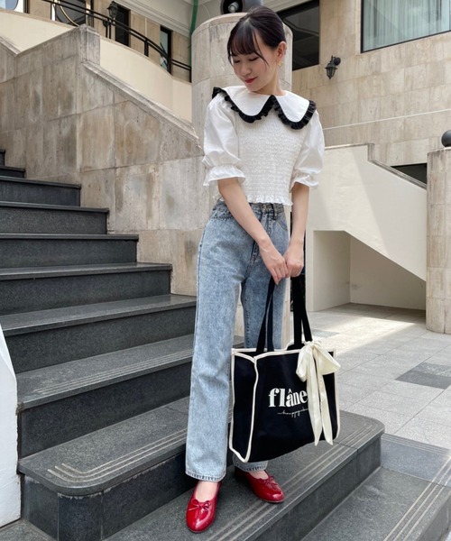 one after another NICE CLAUP(ワンアフターアナザーナイスクラップ)の「【Web限定】丸衿シャーリングブラウス(Tシャツ/カットソー・レディース・ブラック/オフホワイト/ブラック系その他・FREE)」の12枚目の写真