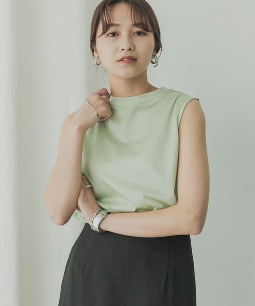 KBF+(ケービーエフプラス)の「KBF+ シャイニーノースリーブ(Tシャツ/カットソー・レディース・オフホワイト/グリーン系その他/チャコールグレー・ONE)」の4枚目の写真