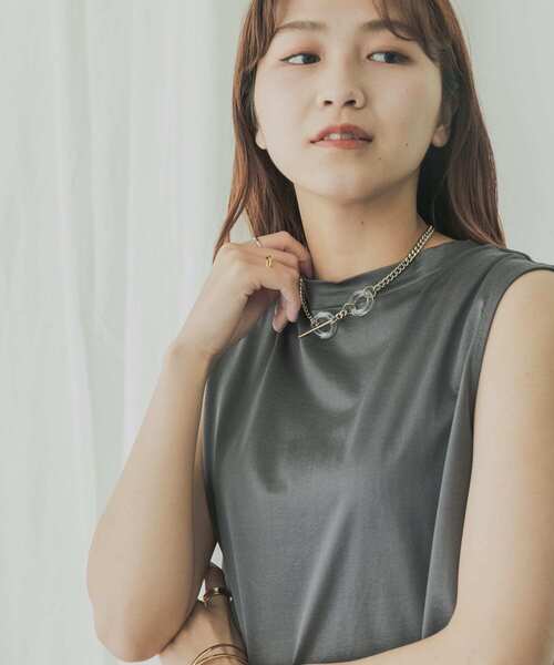 KBF+(ケービーエフプラス)の「KBF+ シャイニーノースリーブ(Tシャツ/カットソー・レディース・オフホワイト/グリーン系その他/チャコールグレー・ONE)」の10枚目の写真