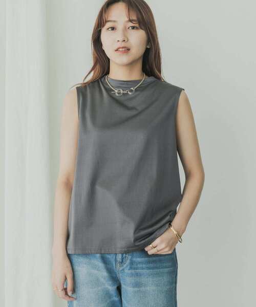 KBF+(ケービーエフプラス)の「KBF+ シャイニーノースリーブ(Tシャツ/カットソー・レディース・オフホワイト/グリーン系その他/チャコールグレー・ONE)」の11枚目の写真