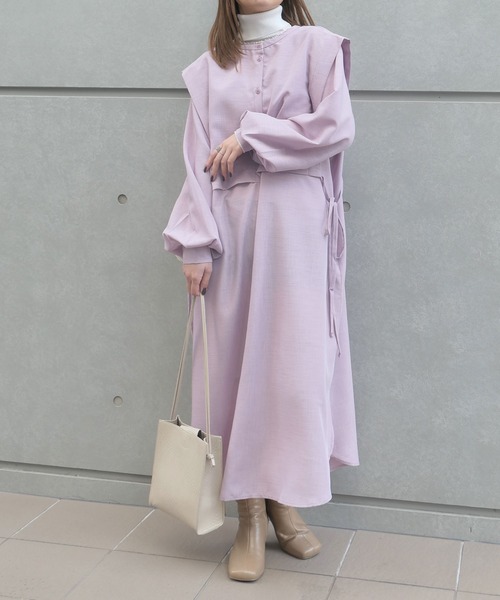 CORNERS（コーナーズ）の「スラブジョーゼット2wayレイヤード風シャツワンピース（シャツワンピース・レディース・ブラック/ベージュ/カーキ/バーガンディー/ブルー/ラベンダー/ホワイト/グリーン/ロイヤルブルー・M）」の9枚目の写真