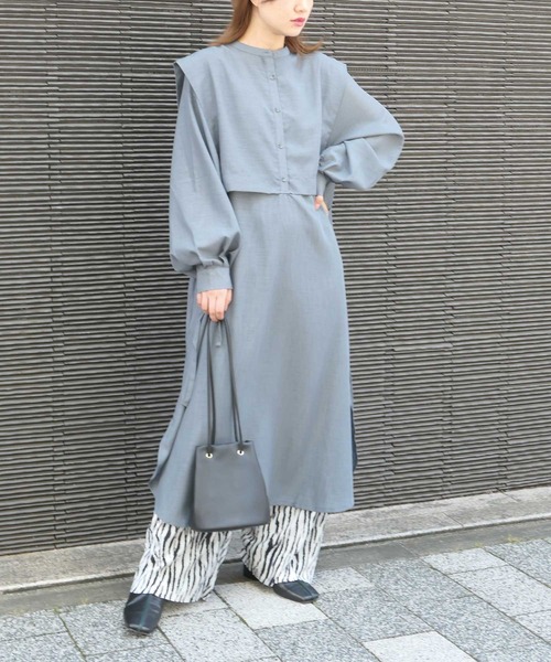 CORNERS（コーナーズ）の「スラブジョーゼット2wayレイヤード風シャツワンピース（シャツワンピース・レディース・ブラック/ベージュ/カーキ/バーガンディー/ブルー/ラベンダー/ホワイト/グリーン/ロイヤルブルー・M）」の14枚目の写真