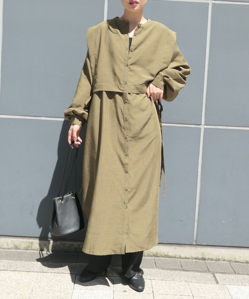 CORNERS（コーナーズ）の「スラブジョーゼット2wayレイヤード風シャツワンピース（シャツワンピース・レディース・ブラック/ベージュ/カーキ/バーガンディー/ブルー/ラベンダー/ホワイト/グリーン/ロイヤルブルー・M）」の15枚目の写真