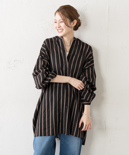 CIAOPANIC TYPY(チャオパニックティピー)の「【ZOZOTOWN限定】ストライプバンドカラーオーバーシャツ(シャツ/ブラウス・レディース・ブラック/レッド/キャメル・ONE SIZE)」の14枚目の写真