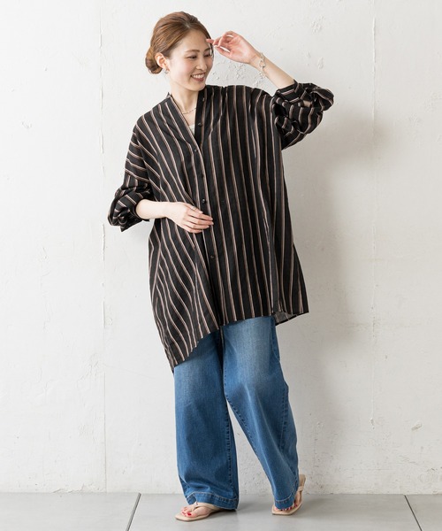 CIAOPANIC TYPY(チャオパニックティピー)の「【ZOZOTOWN限定】ストライプバンドカラーオーバーシャツ(シャツ/ブラウス・レディース・ブラック/レッド/キャメル・ONE SIZE)」の13枚目の写真