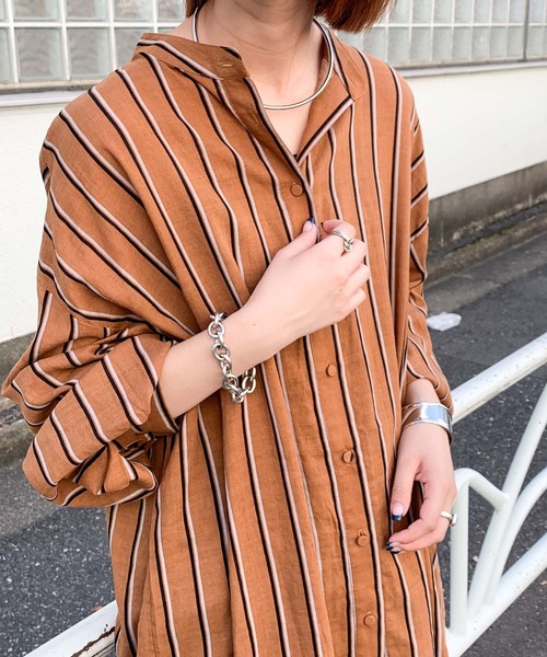 CIAOPANIC TYPY(チャオパニックティピー)の「【ZOZOTOWN限定】ストライプバンドカラーオーバーシャツ(シャツ/ブラウス・レディース・ブラック/レッド/キャメル・ONE SIZE)」の12枚目の写真