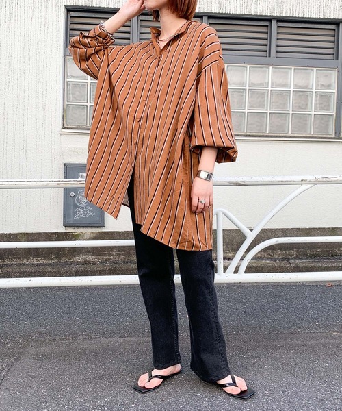 CIAOPANIC TYPY(チャオパニックティピー)の「【ZOZOTOWN限定】ストライプバンドカラーオーバーシャツ(シャツ/ブラウス・レディース・ブラック/レッド/キャメル・ONE SIZE)」の7枚目の写真