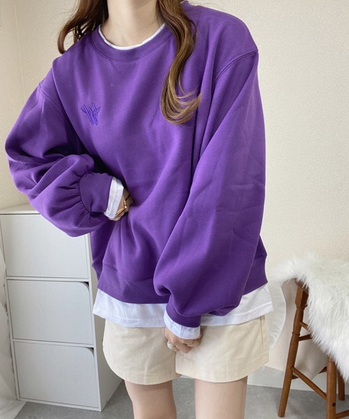 Diosfront（ディオスフロント）の「レイヤード風ワンポイント刺繍裏起毛トレーナー（スウェット・レディース・パープル/グレー/ピンク/オレンジ/ブルー/アイボリー/ベージュ/ブラック・FREE）」の7枚目の写真