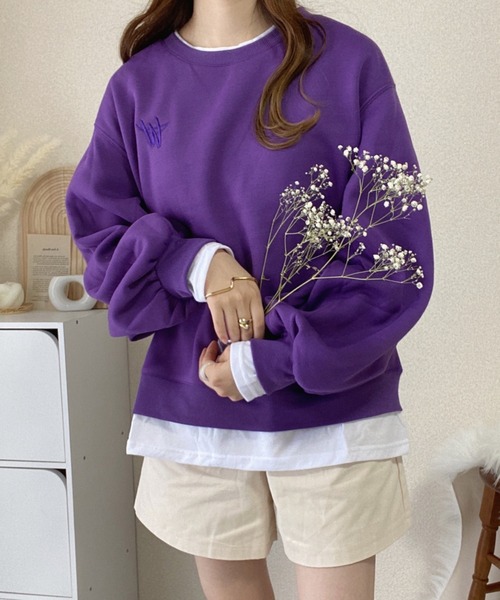 Diosfront（ディオスフロント）の「レイヤード風ワンポイント刺繍裏起毛トレーナー（スウェット・レディース・パープル/グレー/ピンク/オレンジ/ブルー/アイボリー/ベージュ/ブラック・FREE）」の17枚目の写真