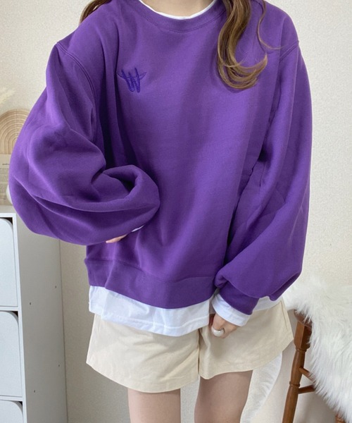 Diosfront（ディオスフロント）の「レイヤード風ワンポイント刺繍裏起毛トレーナー（スウェット・レディース・パープル/グレー/ピンク/オレンジ/ブルー/アイボリー/ベージュ/ブラック・FREE）」の19枚目の写真