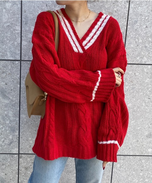 yuue' ( wear )(ユーイ)の「オーバーサイズケーブルニット(ニット/セーター・レディース・ネイビー/ホワイト/レッド・FREE)」の3枚目の写真