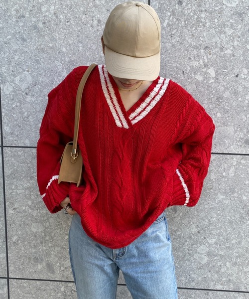 yuue' ( wear )(ユーイ)の「オーバーサイズケーブルニット(ニット/セーター・レディース・ネイビー/ホワイト/レッド・FREE)」の4枚目の写真