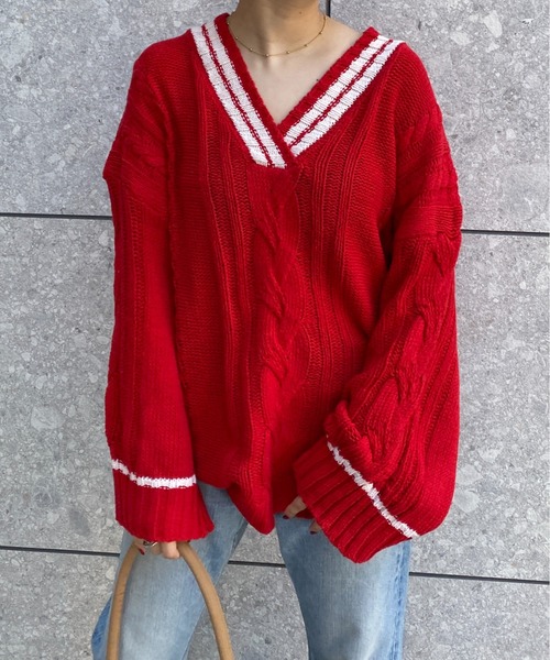 yuue' ( wear )(ユーイ)の「オーバーサイズケーブルニット(ニット/セーター・レディース・ネイビー/ホワイト/レッド・FREE)」の9枚目の写真