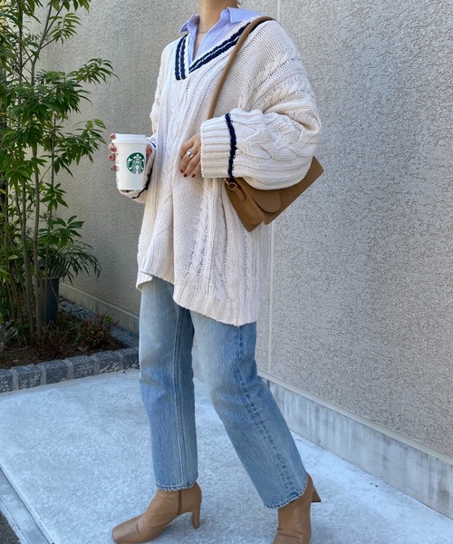 yuue' ( wear )(ユーイ)の「オーバーサイズケーブルニット(ニット/セーター・レディース・ネイビー/ホワイト/レッド・FREE)」の18枚目の写真