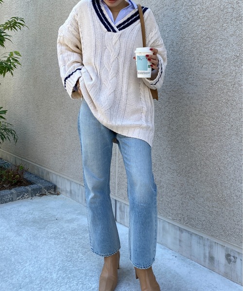 yuue' ( wear )(ユーイ)の「オーバーサイズケーブルニット(ニット/セーター・レディース・ネイビー/ホワイト/レッド・FREE)」の19枚目の写真