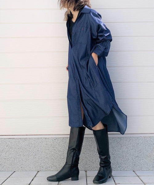 Q（キュー）の「テンセルデニムロングシャツ（シャツワンピース・レディース・ネイビー・MEDIUM）」の8枚目の写真