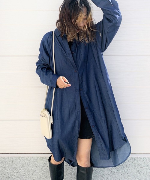 Q（キュー）の「テンセルデニムロングシャツ（シャツワンピース・レディース・ネイビー・MEDIUM）」の11枚目の写真