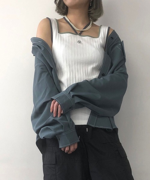 179/WG（イチナナキュウダブルジー）の「配色ホルタータンクトップ（タンクトップ・レディース・オフホワイト/ミント/ブラック/ピンク/ホワイト×ピンク/ブラック系/サックスブルー/ホワイト×グリーン・FREE）」の3枚目の写真