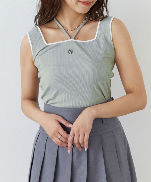 179/WG（イチナナキュウダブルジー）の「配色ホルタータンクトップ（タンクトップ・レディース・オフホワイト/ミント/ブラック/ピンク/ホワイト×ピンク/ブラック系/サックスブルー/ホワイト×グリーン・FREE）」の6枚目の写真