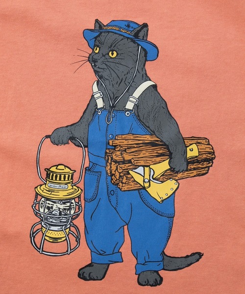 go slow caravan（ゴースローキャラバン）の「USA/C オーバーオールキャンパー猫TEE【KIDS】（Tシャツ/カットソー・キッズ・ブルーグリーン/サーモンピンク・100cm/140cm/120cm）」の3枚目の写真