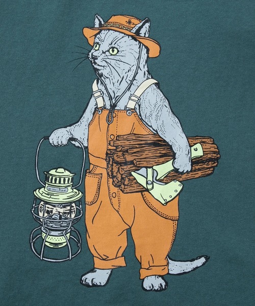 go slow caravan（ゴースローキャラバン）の「USA/C オーバーオールキャンパー猫TEE【KIDS】（Tシャツ/カットソー・キッズ・ブルーグリーン/サーモンピンク・100cm/140cm/120cm）」の5枚目の写真