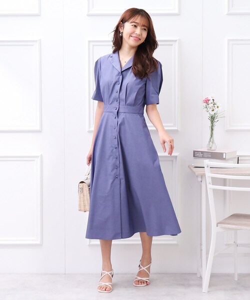 【ヴィンテージ❤️上品ブルーワンピ】花柄ミディドレス♡襟付きシャツワンピース♪ couture brooch（クチュールブローチ）の「◇【清楚で上品、大人可愛く