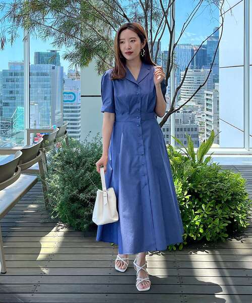 【ヴィンテージ❤️上品ブルーワンピ】花柄ミディドレス♡襟付きシャツワンピース♪ 送料無料 ◇ D1548 ベルト付き 白襟 フラワー レース ゴールドボタン