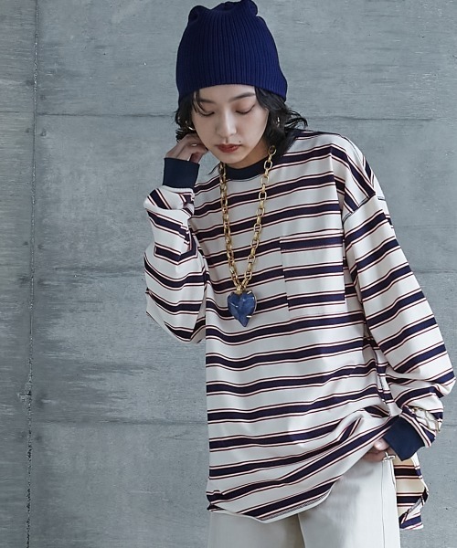 GEVS.（ジェイヴィス）の「＜大きいサイズ＞ リブ配色ポケット付ボーダーカットソー GEVS.（Tシャツ/カットソー・レディース・ブラック系/ホワイト系・L/LL/3L/4L/5L）」の2枚目の写真