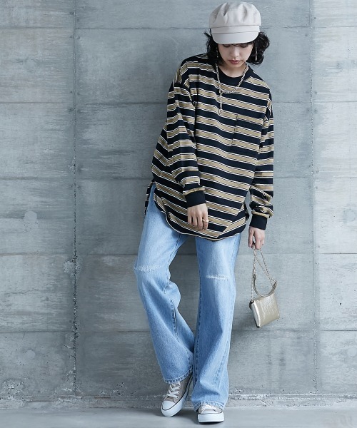 GEVS.（ジェイヴィス）の「＜大きいサイズ＞ リブ配色ポケット付ボーダーカットソー GEVS.（Tシャツ/カットソー・レディース・ブラック系/ホワイト系・L/LL/3L/4L/5L）」の6枚目の写真