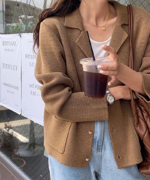 【極美品】T-JACKET・テーラードジャケット・ニット・ベージュ×茶×黒・XS