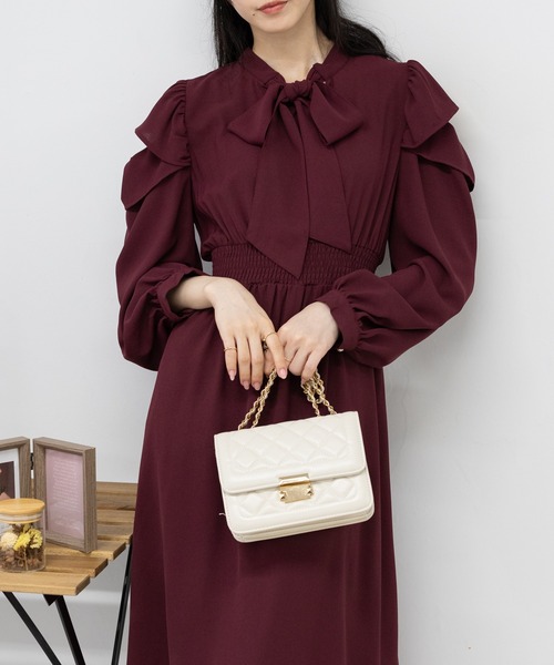 カトパン着用☆リボン付きバーガンディワンピース tocco closet ボウタイリボンワンピース バーガンディー I105