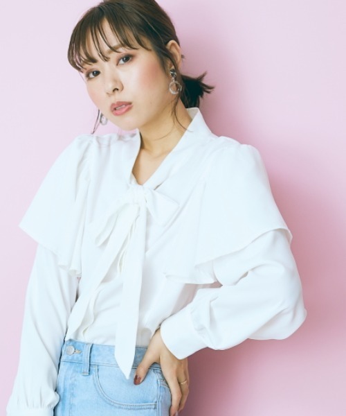 marun（マルン）の「＜大きいサイズ＞　フリルボータイブラウス  marun（シャツ/ブラウス・レディース・オフホワイト/サックスブルー/ピンク・4L/LL/3L/L/5L）」の8枚目の写真