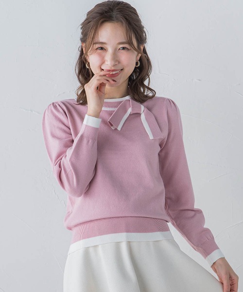 QUEENS COURT（クイーンズコート）の「配色リボンニット（ニット/セーター・レディース・ホワイト/ブラック/ピンク/ベージュ・M）」の4枚目の写真