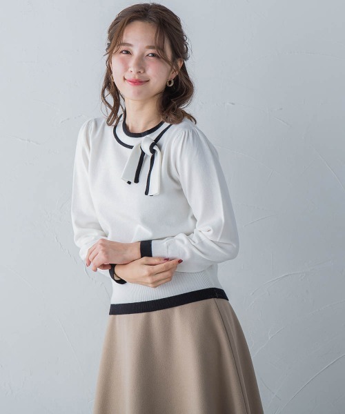 QUEENS COURT（クイーンズコート）の「配色リボンニット（ニット/セーター・レディース・ホワイト/ブラック/ピンク/ベージュ・M）」の9枚目の写真