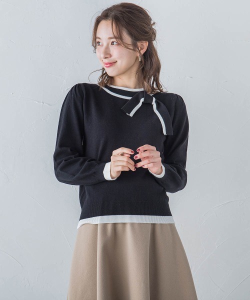 QUEENS COURT（クイーンズコート）の「配色リボンニット（ニット/セーター・レディース・ホワイト/ブラック/ピンク/ベージュ・M）」の14枚目の写真