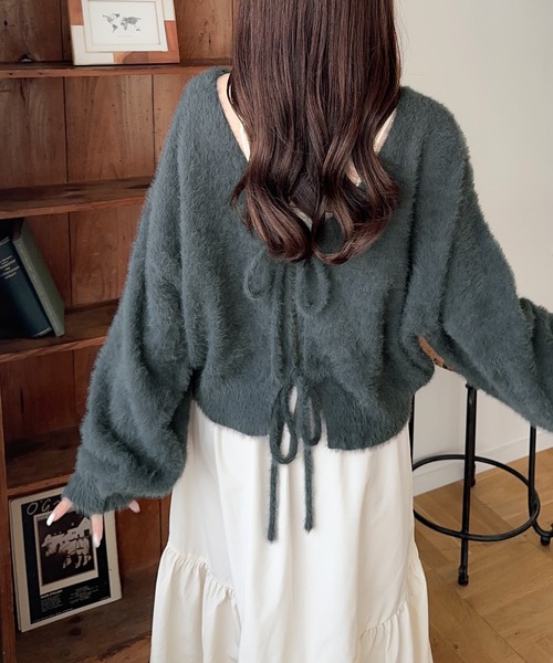 mily bilet（ミウィビレット）の「【mily bilet】女性らしさ滲み出る。シャギーリボン前後2WAYカーディガン（カーディガン/ボレロ・レディース・モカ/アイボリー/グレー/ブルー/チャコールグレー・SMALL/MEDIUM/LARGE/X-LARGE）」の2枚目の写真