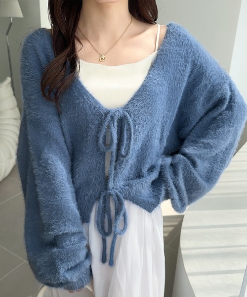 Milly - Milly   カシミヤ カーディガン  リボン mily bilet】女性らしさ滲み出る。シャギーリボン前後2WAY
