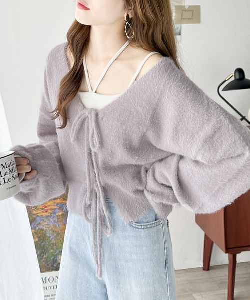 mily bilet（ミウィビレット）の「【mily bilet】女性らしさ滲み出る。シャギーリボン前後2WAYカーディガン（カーディガン/ボレロ・レディース・モカ/アイボリー/グレー/ブルー/チャコールグレー・SMALL/MEDIUM/LARGE/X-LARGE）」の6枚目の写真