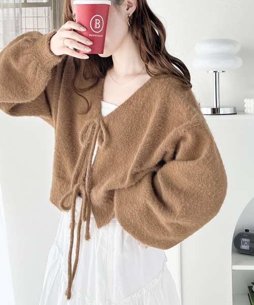 Milly - Milly   カシミヤ カーディガン  リボン mily bilet】女性らしさ滲み出る。シャギーリボン前後2WAY