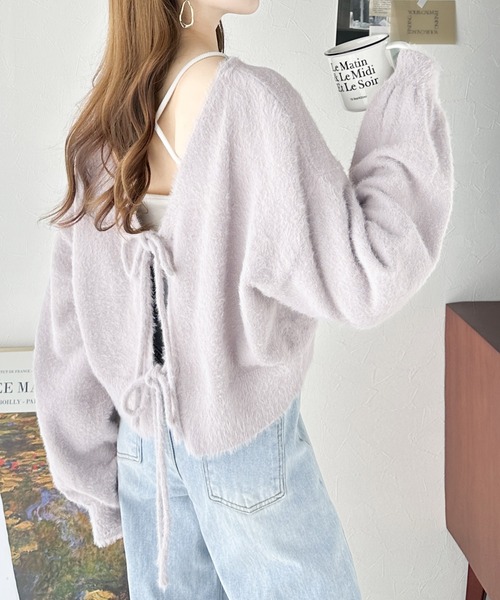 mily bilet（ミウィビレット）の「【mily bilet】女性らしさ滲み出る。シャギーリボン前後2WAYカーディガン（カーディガン/ボレロ・レディース・モカ/アイボリー/グレー/ブルー/チャコールグレー・SMALL/MEDIUM/LARGE/X-LARGE）」の7枚目の写真