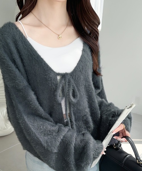 Milly - Milly   カシミヤ カーディガン  リボン mily bilet】女性らしさ滲み出る。シャギーリボン前後2WAY