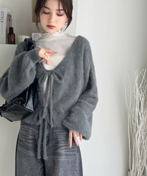 Milly - Milly   カシミヤ カーディガン  リボン mily bilet】女性らしさ滲み出る。シャギーリボン前後2WAY