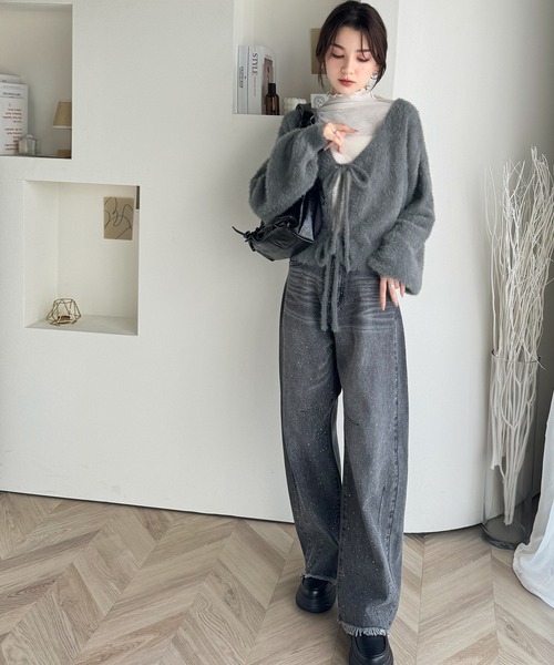 Milly - Milly   カシミヤ カーディガン  リボン mily bilet】女性らしさ滲み出る。シャギーリボン前後2WAY