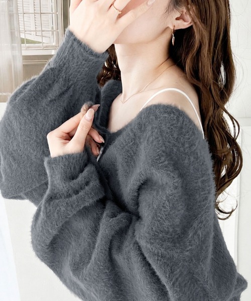 mily bilet(ミウィビレット)の「【mily bilet】女性らしさ滲み出る。シャギーリボン前後2WAYカーディガン(カーディガン/ボレロ・レディース・モカ/アイボリー/グレー/ブルー/チャコールグレー・SMALL/MEDIUM/LARGE/X-LARGE)」の20枚目の写真