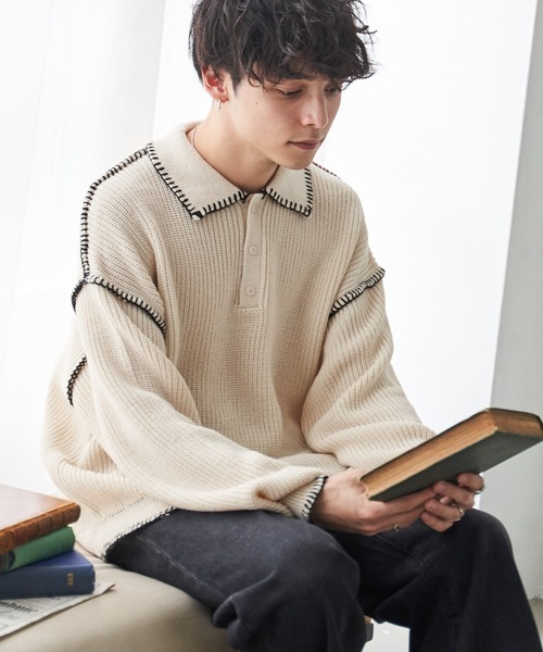 WEGO(ウィゴー)の「WEGO/ハンドステッチポロプルオーバー(ニット/セーター・メンズ・ブルー/ブラック/ホワイト・LARGE/MEDIUM)」の2枚目の写真