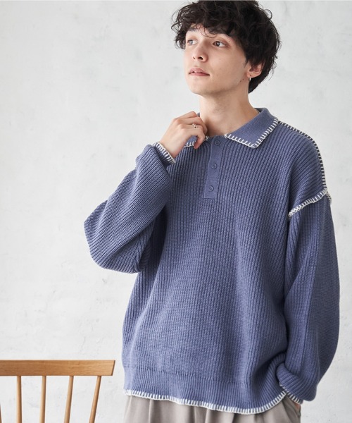 WEGO(ウィゴー)の「WEGO/ハンドステッチポロプルオーバー(ニット/セーター・メンズ・ブルー/ブラック/ホワイト・LARGE/MEDIUM)」の3枚目の写真