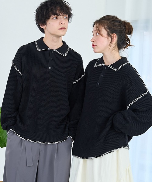 WEGO(ウィゴー)の「WEGO/ハンドステッチポロプルオーバー(ニット/セーター・メンズ・ブルー/ブラック/ホワイト・LARGE/MEDIUM)」の1枚目の写真