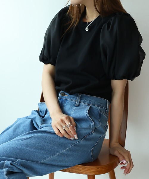 Ulysses(ユリシス)の「オーガンジーパフスリーブ半袖トップス(Tシャツ/カットソー・レディース・オフホワイト/ベージュ/ブラック・F)」の2枚目の写真